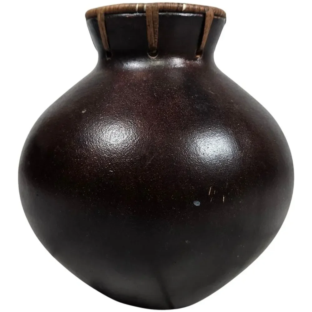 Vintage Dark Brown Gourd Vase‎ Decorative Rustic Woven Neck Accent - Picture 4 of 8
